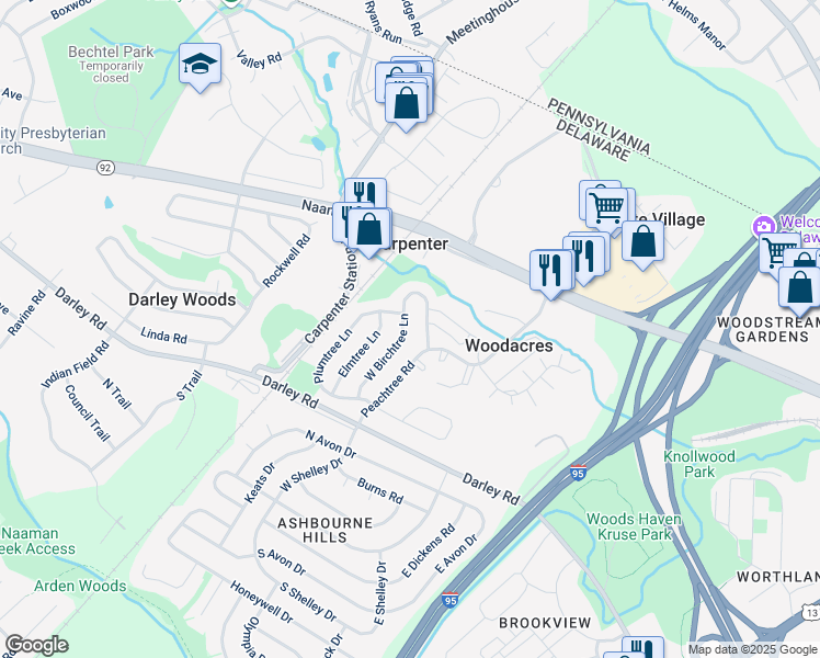 map of restaurants, bars, coffee shops, grocery stores, and more near 737 West Birchtree Lane in Claymont