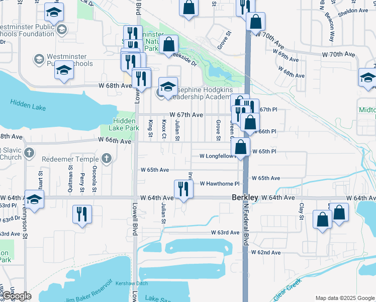 map of restaurants, bars, coffee shops, grocery stores, and more near 6575 Irving Street in Denver