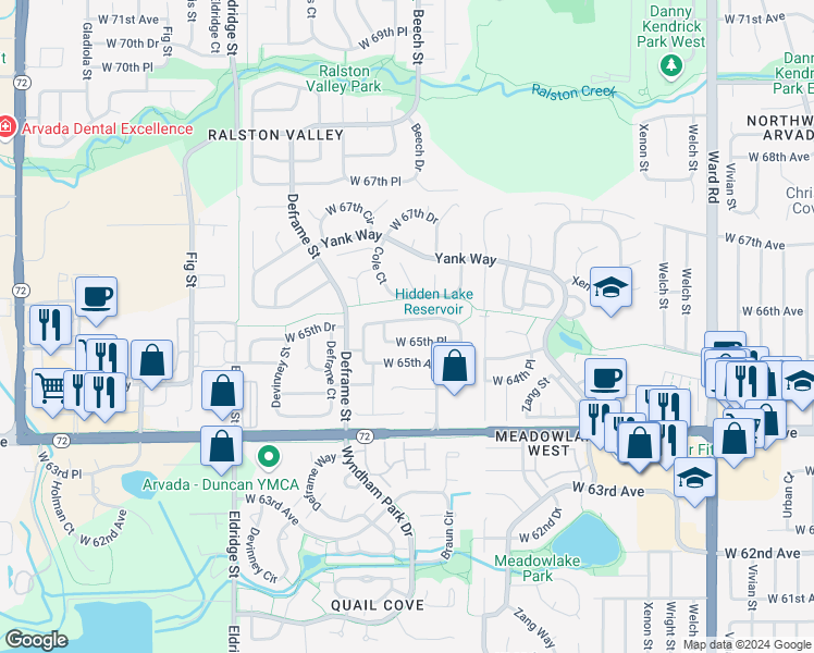 map of restaurants, bars, coffee shops, grocery stores, and more near 13474 West 65th Drive in Arvada