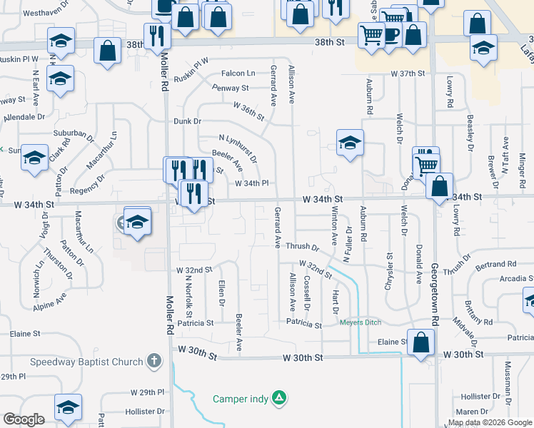 map of restaurants, bars, coffee shops, grocery stores, and more near 3375 Watergate Court in Indianapolis