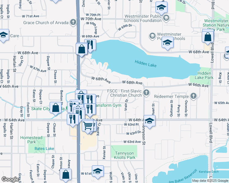 map of restaurants, bars, coffee shops, grocery stores, and more near 4830 West 66th Avenue in Arvada