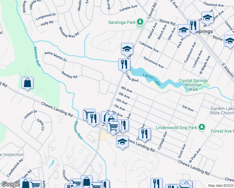 map of restaurants, bars, coffee shops, grocery stores, and more near 911 Laurel Road in Lindenwold