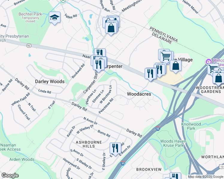 map of restaurants, bars, coffee shops, grocery stores, and more near 738 West Birchtree Lane in Claymont