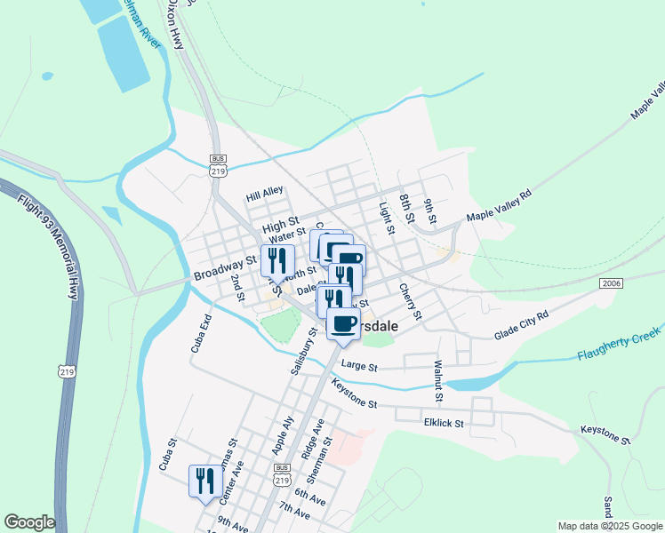 map of restaurants, bars, coffee shops, grocery stores, and more near 300-316 North Street in Meyersdale