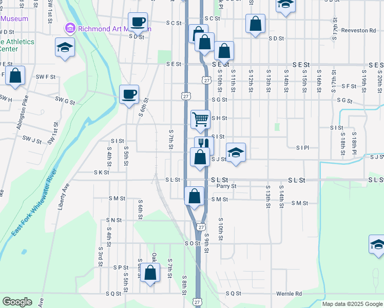 map of restaurants, bars, coffee shops, grocery stores, and more near 809 South J Street in Richmond