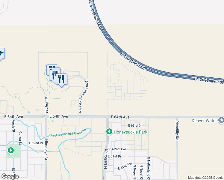map of restaurants, bars, coffee shops, grocery stores, and more near East 64th Avenue in Aurora