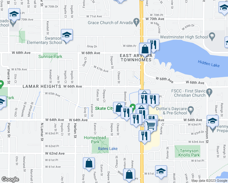 map of restaurants, bars, coffee shops, grocery stores, and more near 6571 Benton Circle in Arvada