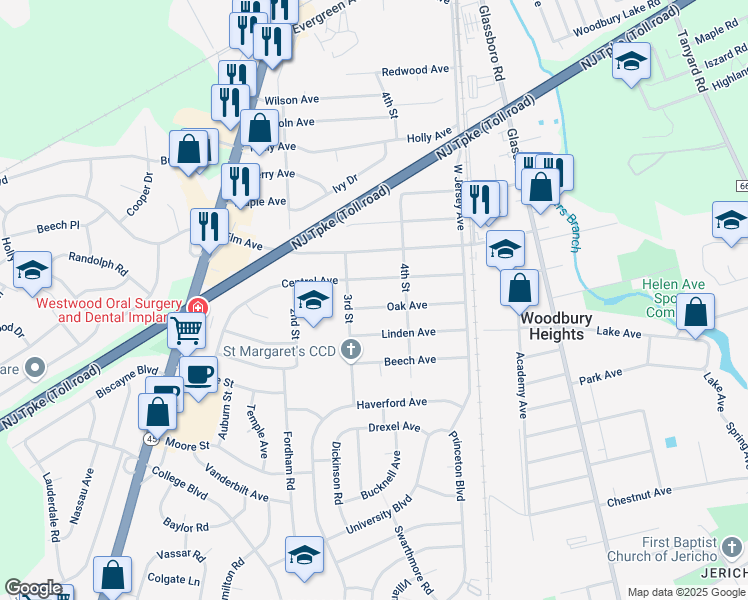 map of restaurants, bars, coffee shops, grocery stores, and more near 325 Oak Avenue in Woodbury Heights
