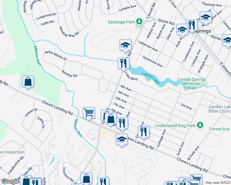 map of restaurants, bars, coffee shops, grocery stores, and more near 911 Laurel Road in Lindenwold