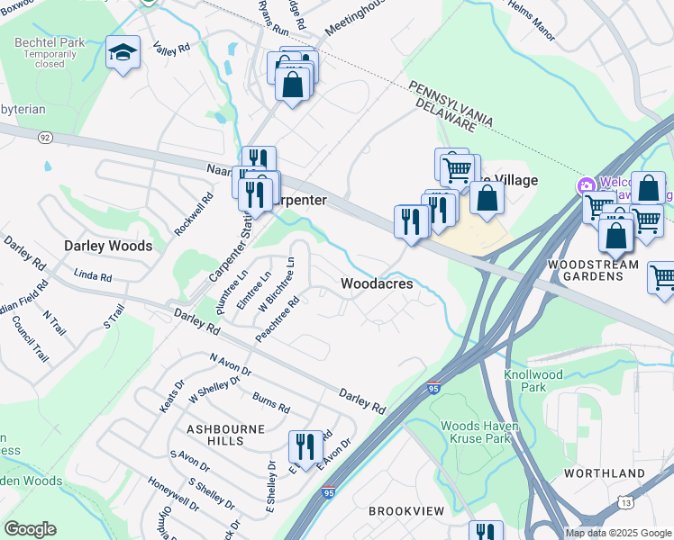 map of restaurants, bars, coffee shops, grocery stores, and more near 909 Cedartree Lane in Claymont