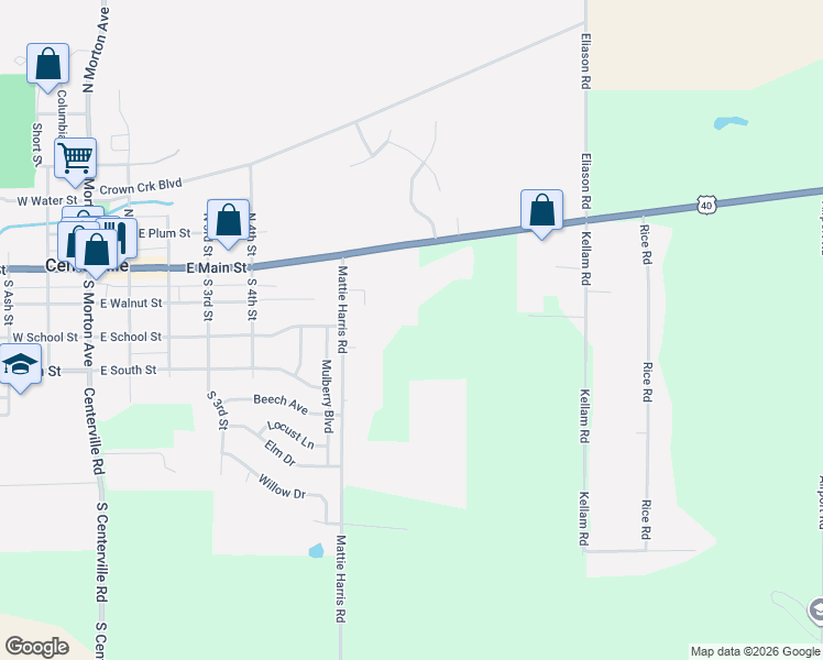 map of restaurants, bars, coffee shops, grocery stores, and more near 203 Mattie Harris Road in Centerville