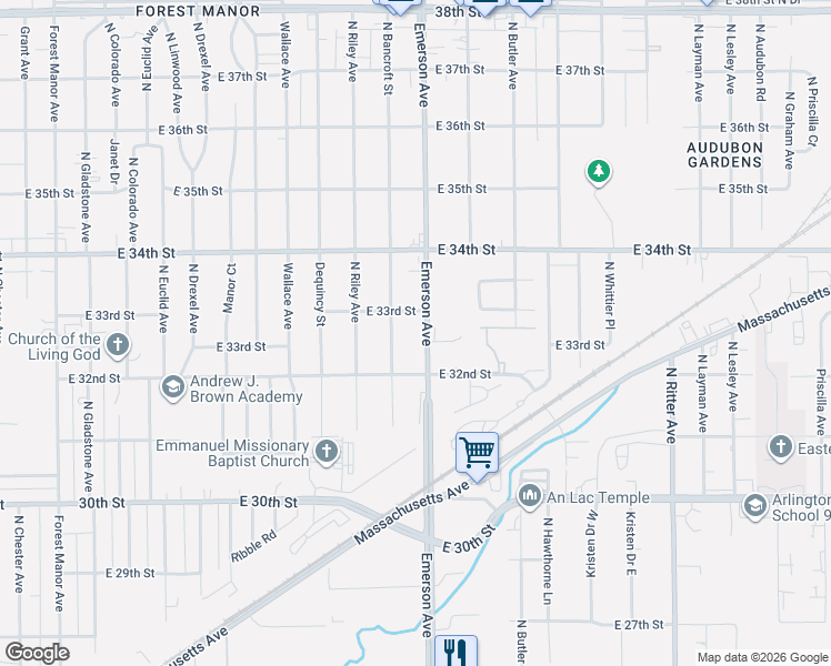 map of restaurants, bars, coffee shops, grocery stores, and more near 3262 North Emerson Avenue in Indianapolis