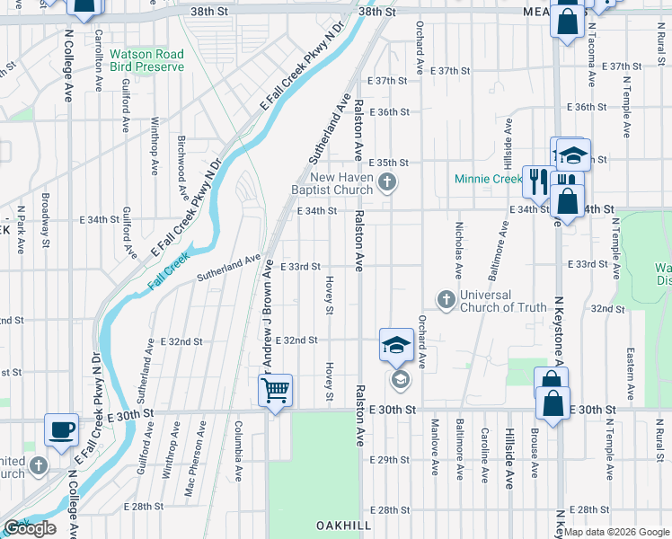 map of restaurants, bars, coffee shops, grocery stores, and more near 3292 Hovey Street in Indianapolis