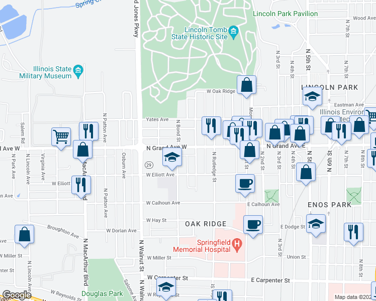 map of restaurants, bars, coffee shops, grocery stores, and more near 410 North Grand Avenue West in Springfield