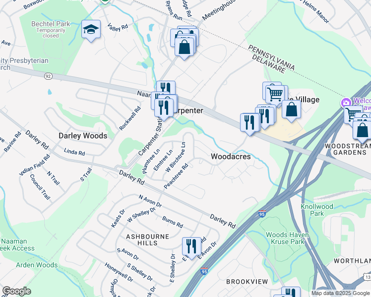 map of restaurants, bars, coffee shops, grocery stores, and more near 738 West Birchtree Lane in Claymont
