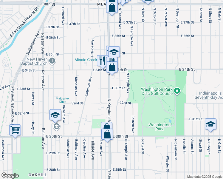 map of restaurants, bars, coffee shops, grocery stores, and more near 3251 North Keystone Avenue in Indianapolis