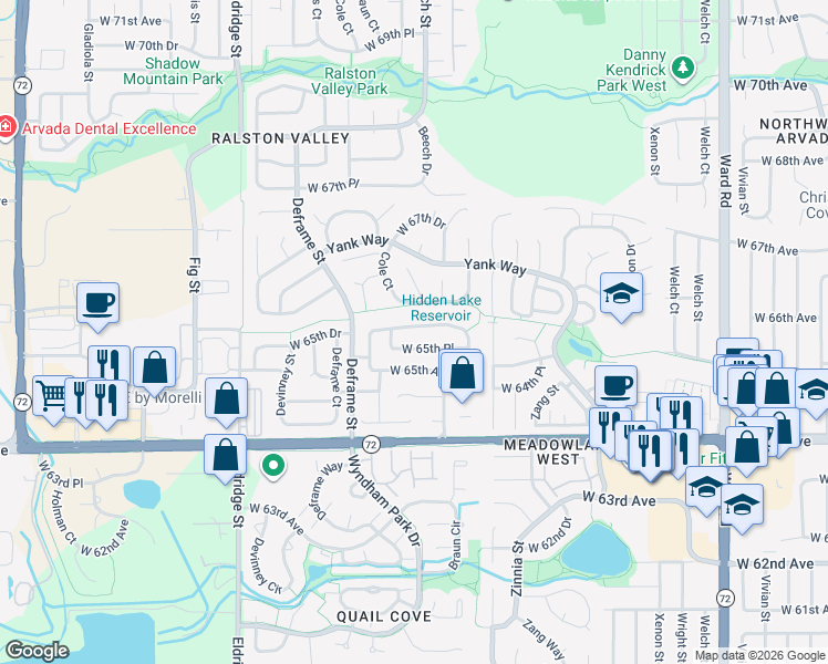 map of restaurants, bars, coffee shops, grocery stores, and more near 13474 West 65th Drive in Arvada