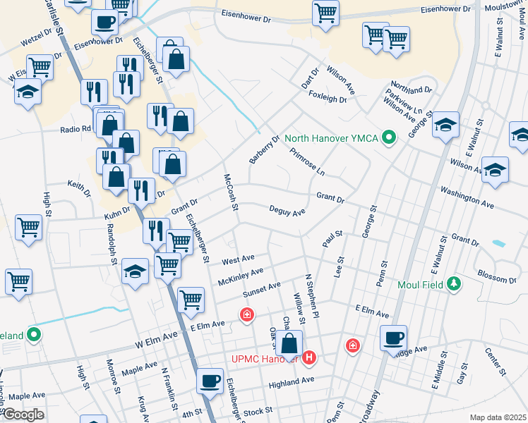 map of restaurants, bars, coffee shops, grocery stores, and more near 225 Deguy Avenue in Hanover