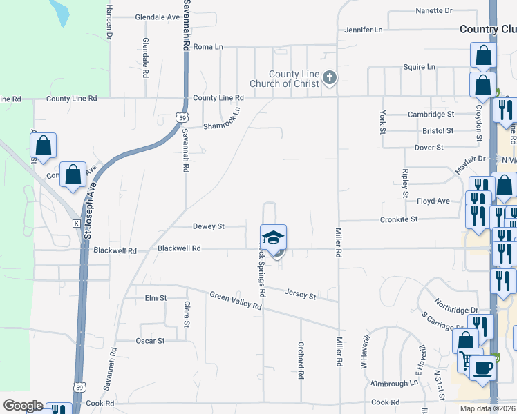 map of restaurants, bars, coffee shops, grocery stores, and more near 5514 Rock Springs Road in Saint Joseph