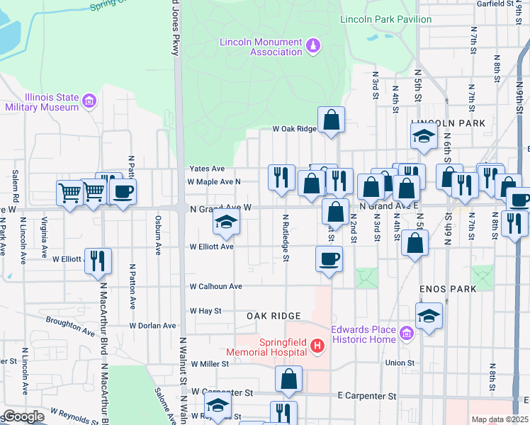 map of restaurants, bars, coffee shops, grocery stores, and more near 332 North Grand Avenue West in Springfield