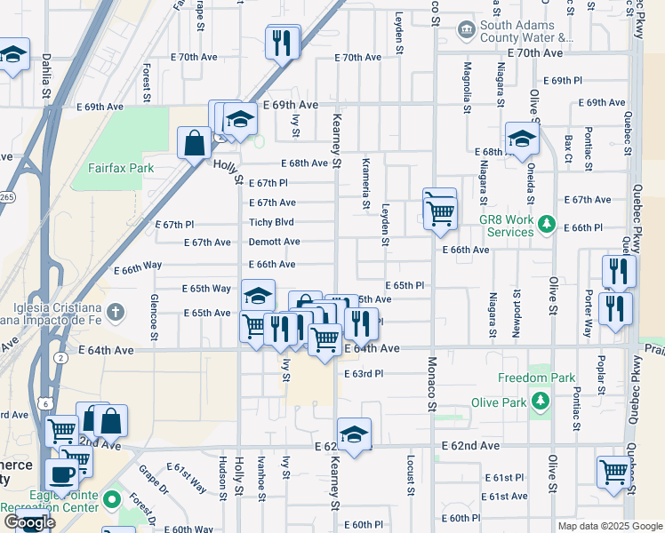 map of restaurants, bars, coffee shops, grocery stores, and more near 6060 East 66th Avenue in Commerce City
