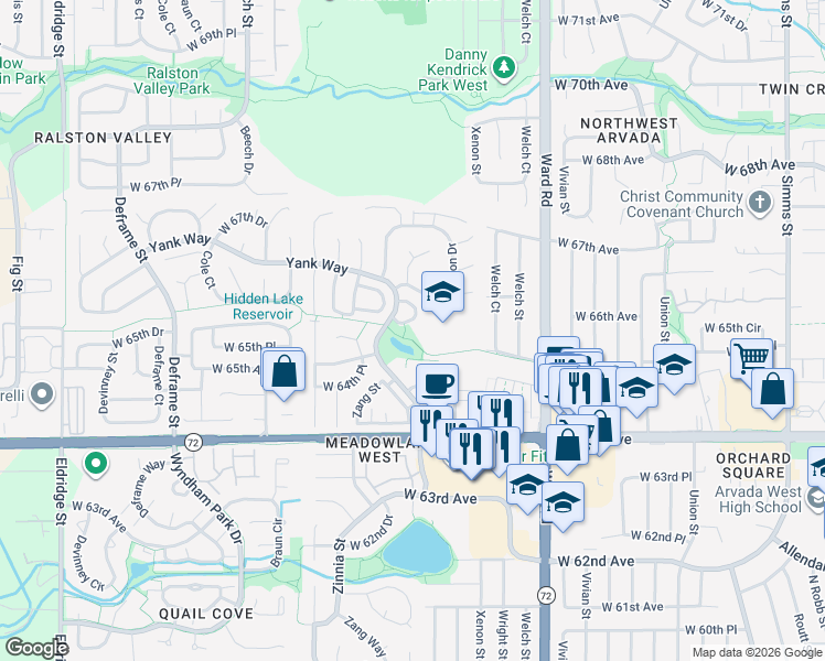 map of restaurants, bars, coffee shops, grocery stores, and more near in Arvada