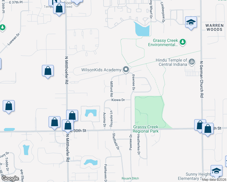 map of restaurants, bars, coffee shops, grocery stores, and more near 10306 Milford Court in Indianapolis