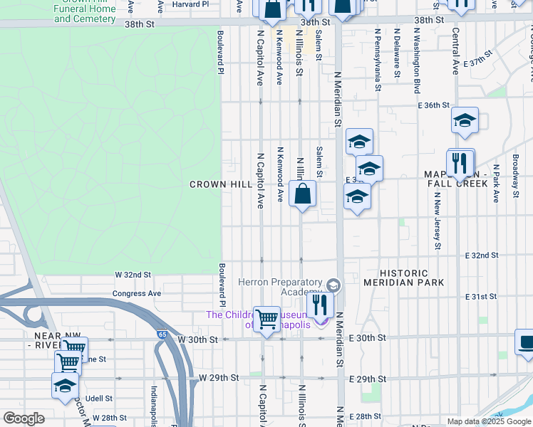 map of restaurants, bars, coffee shops, grocery stores, and more near 3319 North Capitol Avenue in Indianapolis