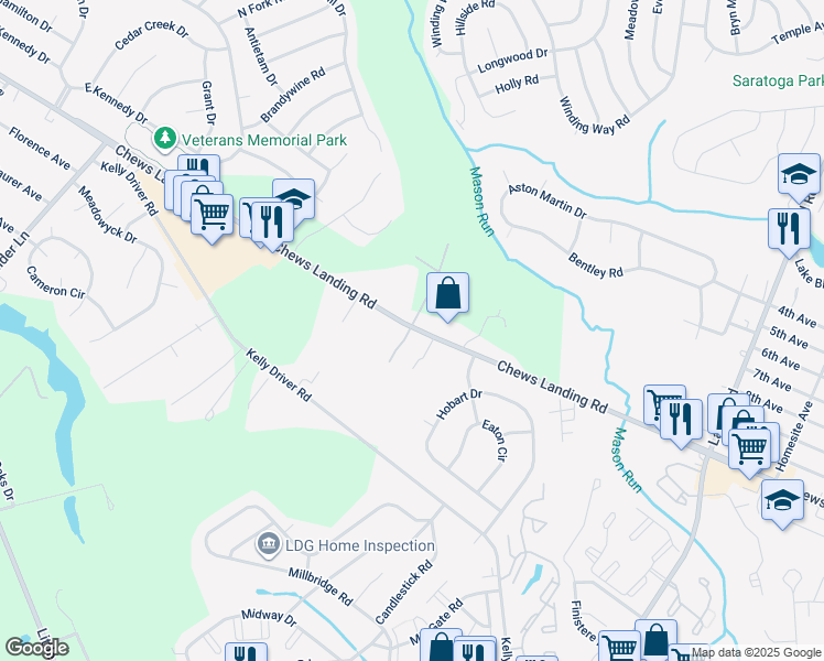 map of restaurants, bars, coffee shops, grocery stores, and more near 1070 Chews Landing Road in Clementon