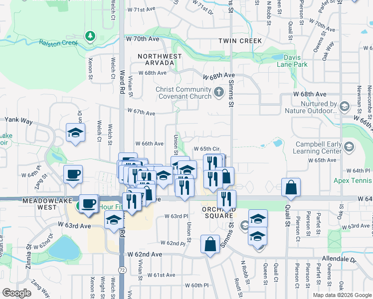 map of restaurants, bars, coffee shops, grocery stores, and more near 11887 West 65th Circle in Arvada