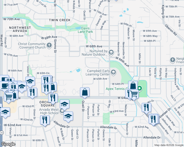 map of restaurants, bars, coffee shops, grocery stores, and more near 6546 Pierson Street in Arvada