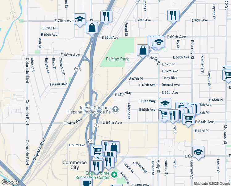map of restaurants, bars, coffee shops, grocery stores, and more near 6560 Colorado 2 in Commerce City