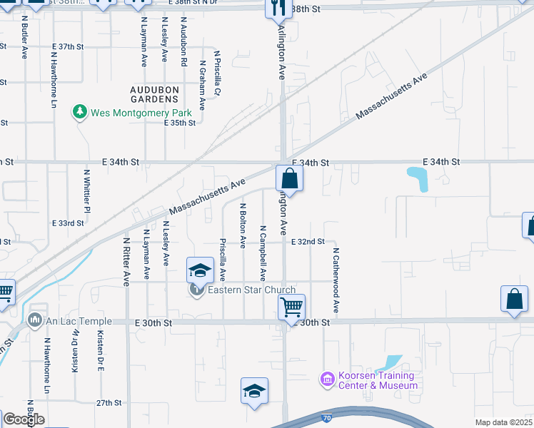 map of restaurants, bars, coffee shops, grocery stores, and more near 3239 North Campbell Avenue in Indianapolis