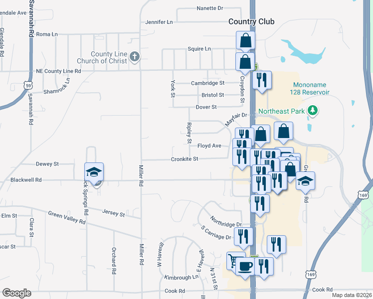 map of restaurants, bars, coffee shops, grocery stores, and more near 5510 Ripley Street in Saint Joseph