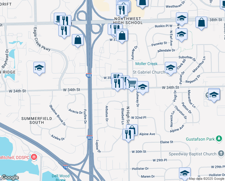 map of restaurants, bars, coffee shops, grocery stores, and more near 6418 Lupine Terrace in Indianapolis