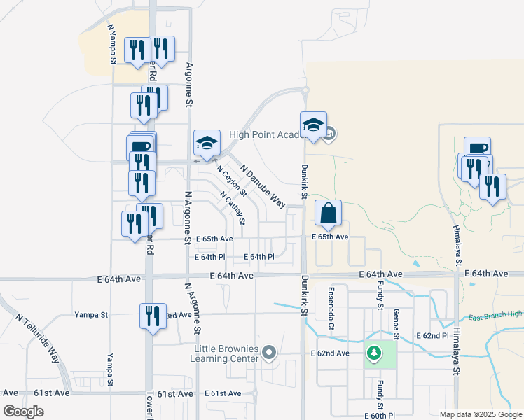 map of restaurants, bars, coffee shops, grocery stores, and more near 6560 North Ceylon Street in Denver