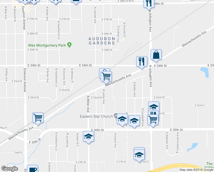 map of restaurants, bars, coffee shops, grocery stores, and more near 5701 Massachusetts Ave in Indianapolis