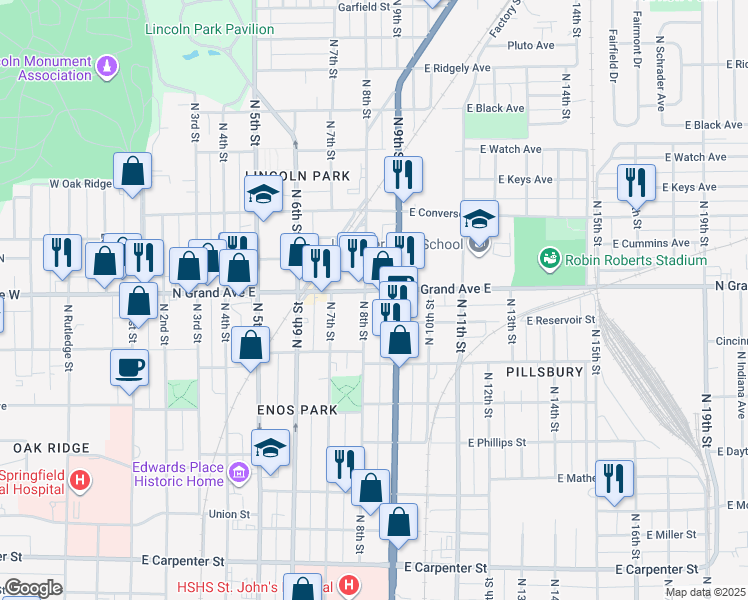 map of restaurants, bars, coffee shops, grocery stores, and more near 1104 North 8th Street in Springfield
