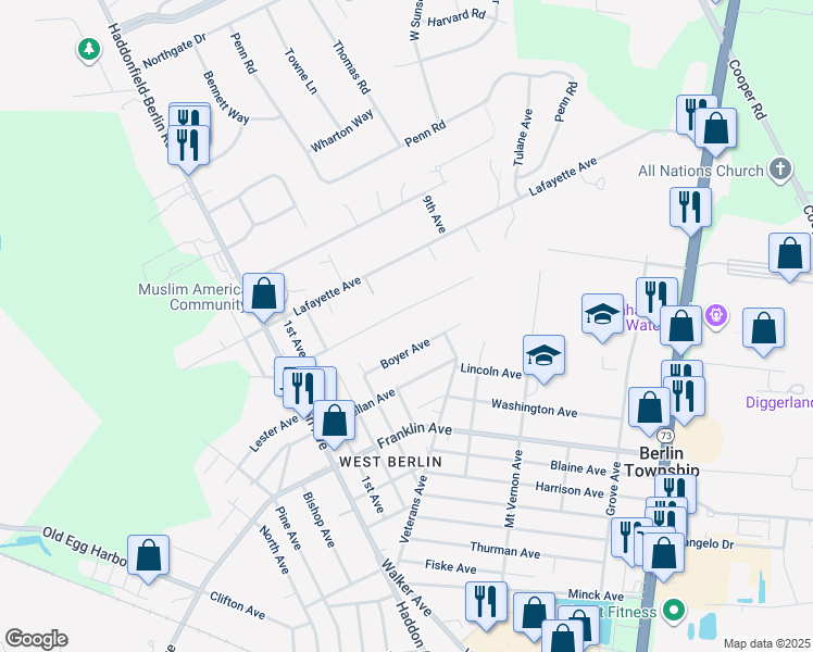map of restaurants, bars, coffee shops, grocery stores, and more near 250 Jefferson Avenue in Camden County
