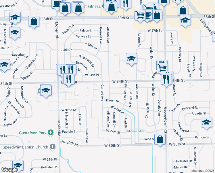 map of restaurants, bars, coffee shops, grocery stores, and more near 3326 Allison Ave in Indianapolis