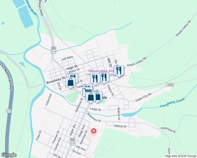map of restaurants, bars, coffee shops, grocery stores, and more near 341 Dale Street in Meyersdale