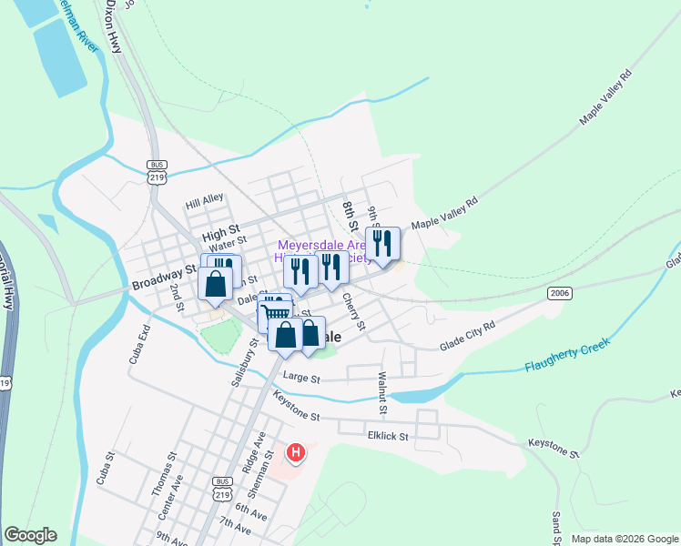map of restaurants, bars, coffee shops, grocery stores, and more near 365 Light Street in Meyersdale
