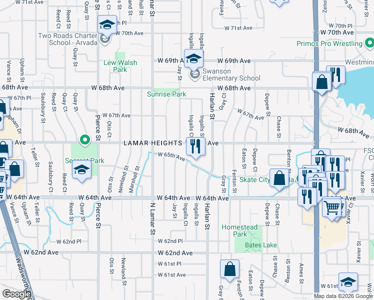 map of restaurants, bars, coffee shops, grocery stores, and more near 6587 Ingalls Court in Arvada