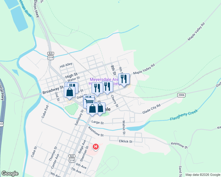 map of restaurants, bars, coffee shops, grocery stores, and more near 365 Light Street in Meyersdale