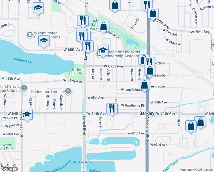 map of restaurants, bars, coffee shops, grocery stores, and more near 3420 West 66th Avenue in Denver