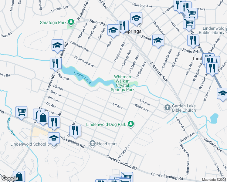 map of restaurants, bars, coffee shops, grocery stores, and more near 401 Lake Boulevard in Lindenwold
