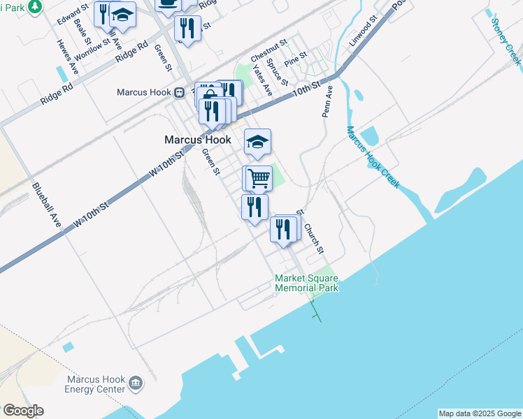 map of restaurants, bars, coffee shops, grocery stores, and more near 501 Market Street in Marcus Hook
