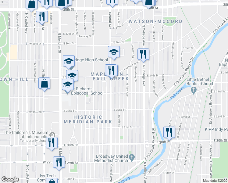map of restaurants, bars, coffee shops, grocery stores, and more near 3301 Central Avenue in Indianapolis
