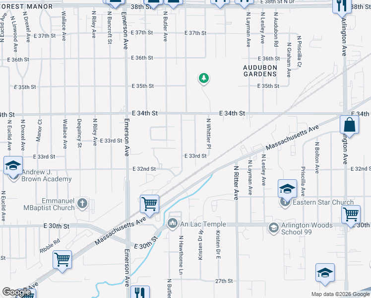 map of restaurants, bars, coffee shops, grocery stores, and more near 3309 N Hawthorne Ln in Indianapolis