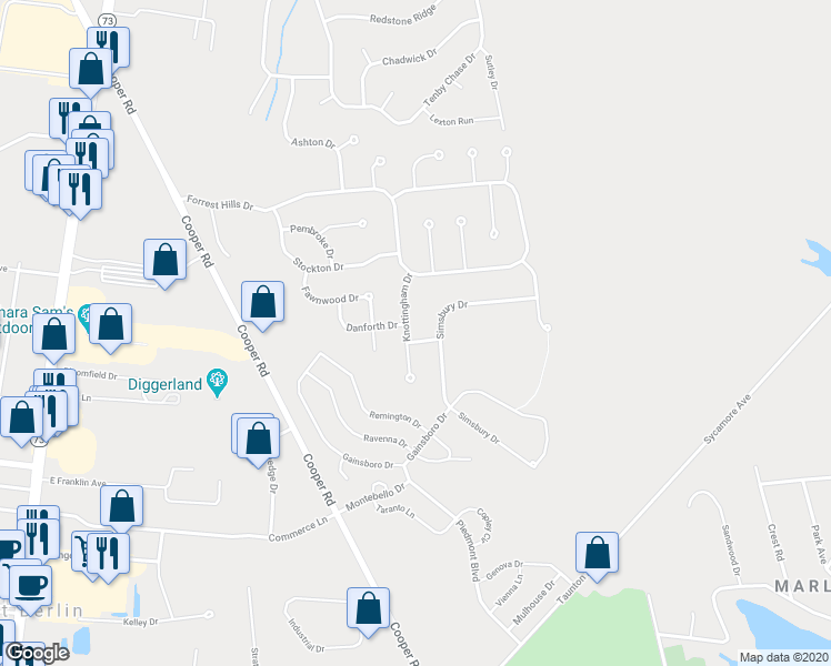 map of restaurants, bars, coffee shops, grocery stores, and more near 12 Knottingham Drive in Voorhees Township